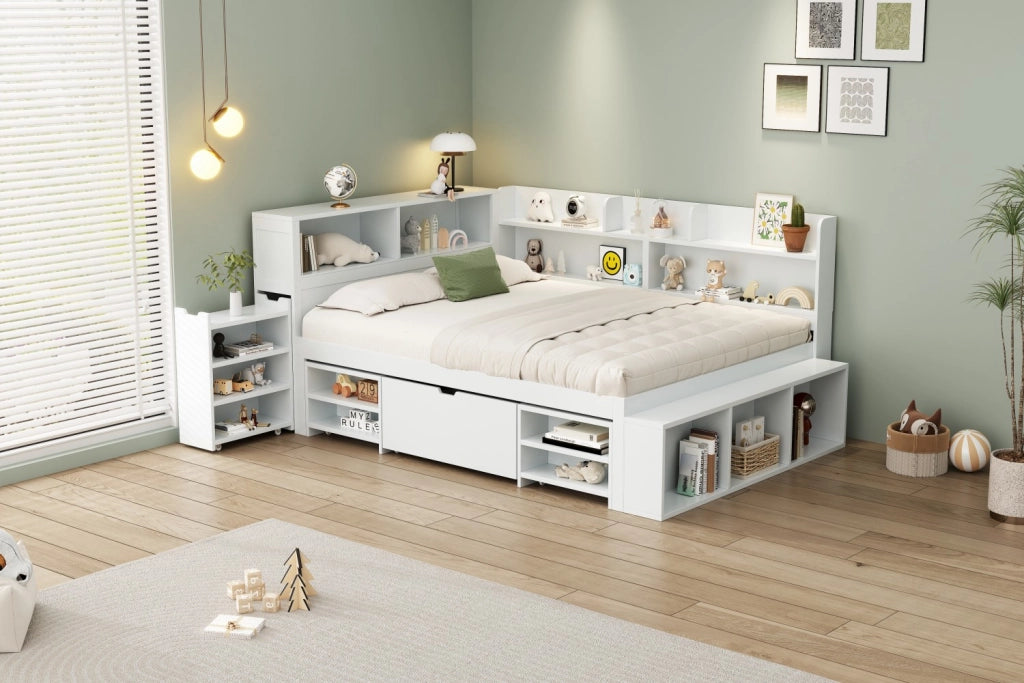 DESMIU Letto per Bambini Letto Singolo 140 × 190 cm con Cassetti e Scaffali, 2 Posti, Senza Materasso, Bianco