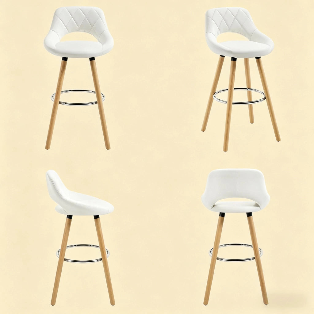 Sgabello bar bianco con schienale, seduta in similpelle e gambe in legno massello, h 91 cm