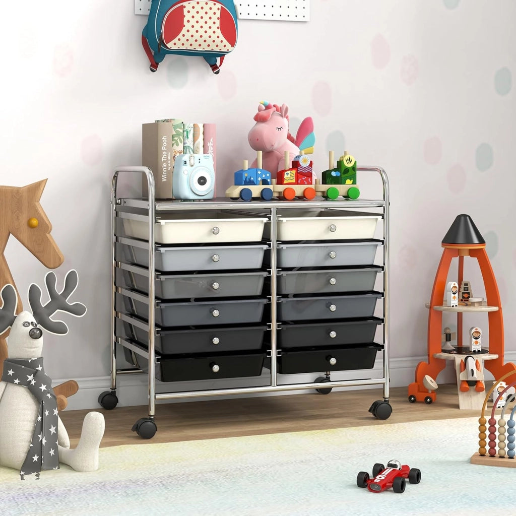 Carrello di Stoccaggio con 12 Cassetti, Carrello portaoggetti con 4 Ruote, Carrello Multiuso per Scuola Ufficio Cucina, 64 x 38 x 62 cm (12 cassetti Grigio sfumato)