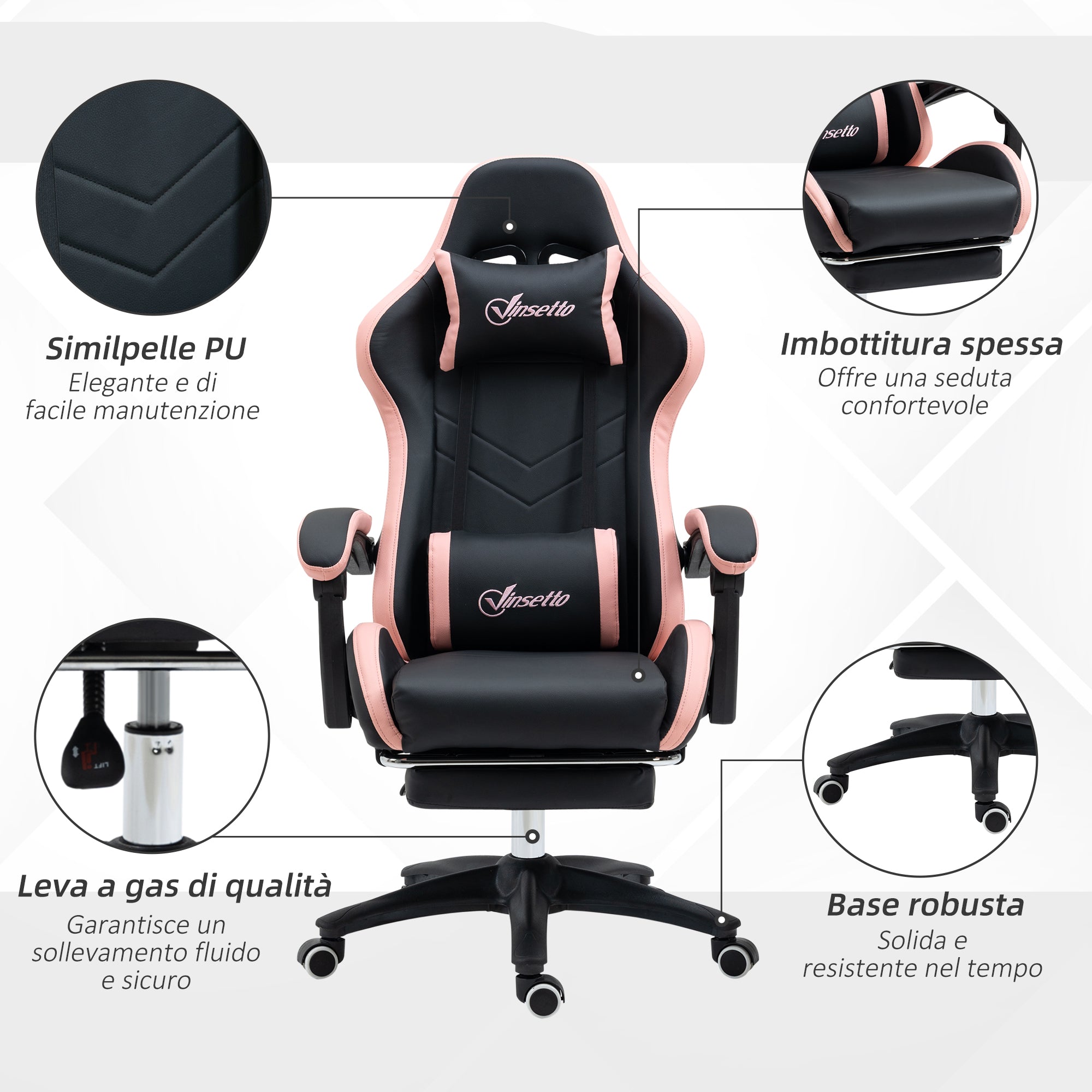 Sedia da Gaming Ergonomica 65x65x121-129 cm in Similpelle Rosa e Nero