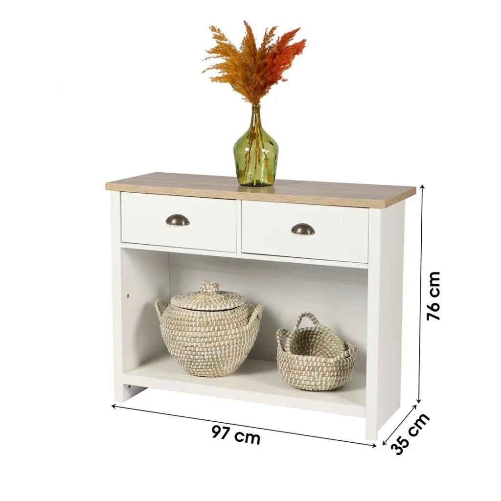 Consolle con 1 ripiano e 2 cassetti di design coloniale - 97x35xH76 cm, colore bianco e piano in rovere chiaro - Collezione MADERA