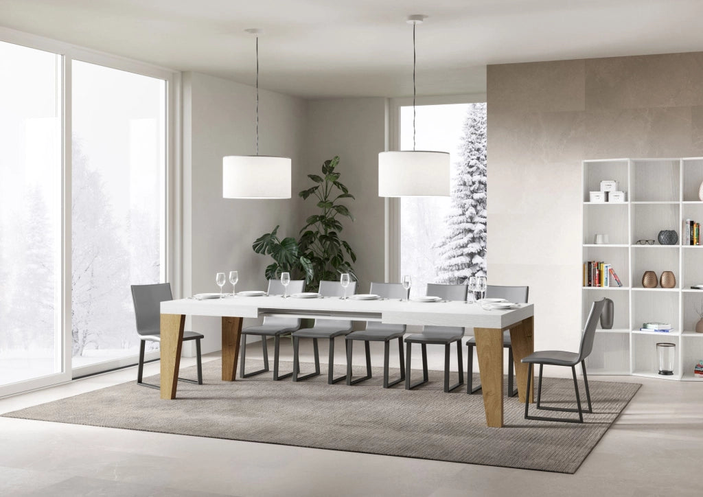 Tavolo Allungabile 160/264x90x77 cm Naxy Mix piano Bianco Frassino gambe Quercia Natura