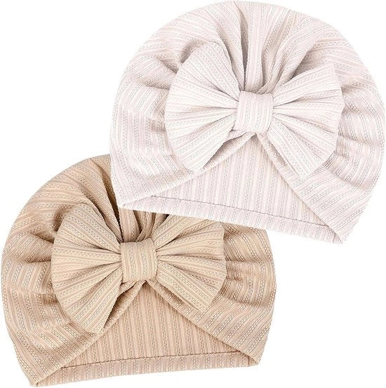2 pezzi di Baby Tulband Hoed - Cappello morbido pieghevole per neonati - Cappello per la nursery ospedaliera - Cappello per neonati (Crème/Lichtbruin)