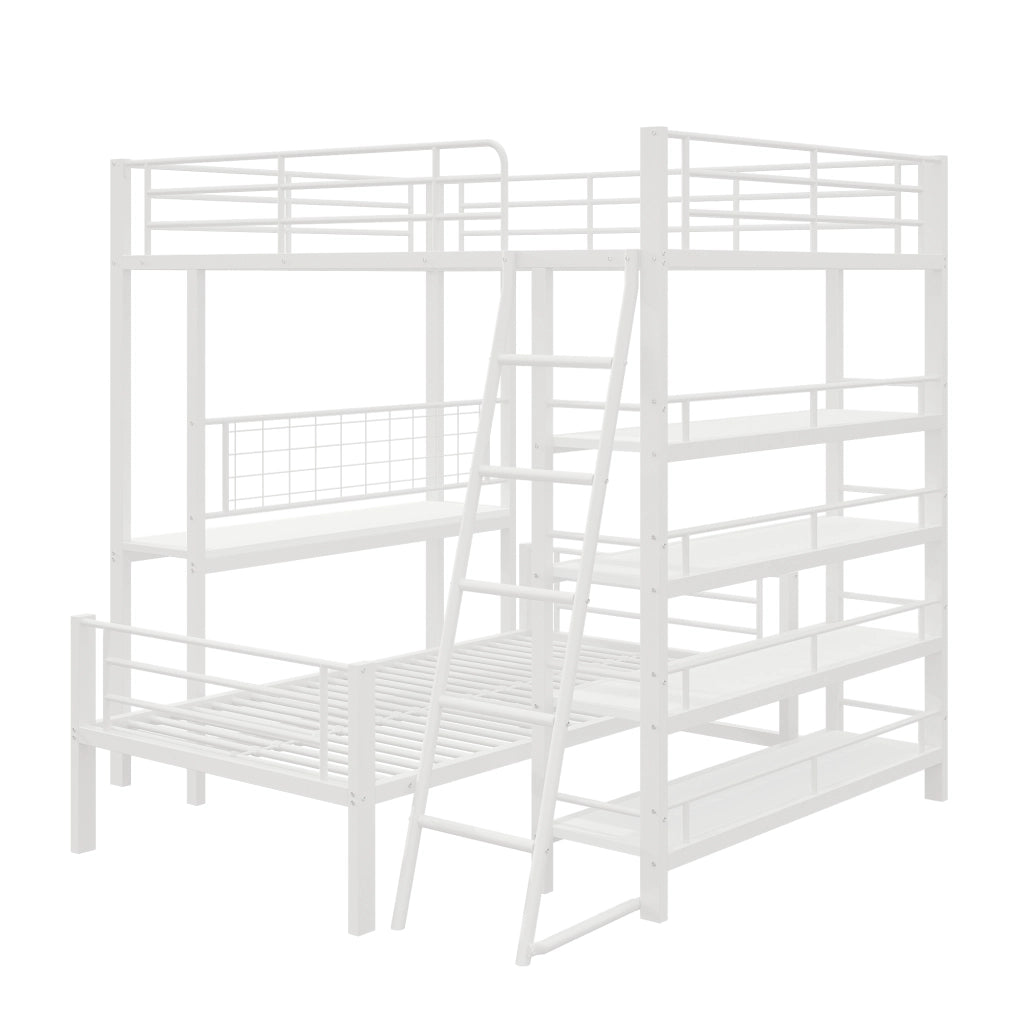 Letto a castello 140 × 200 cm 2 posti con ripiani, separabile, senza materasso, in metallo, bianco