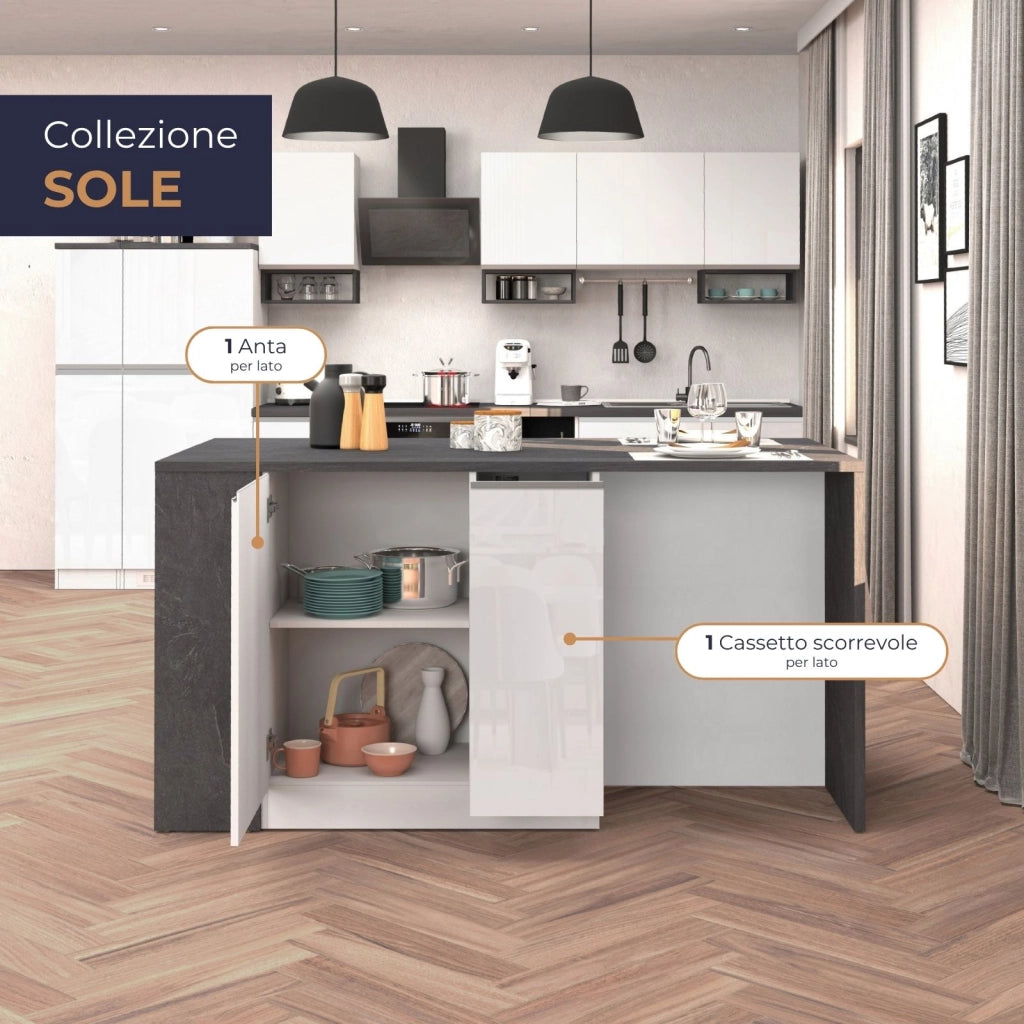 WHOUS Isola da cucina Sole 2 ante 2 cassetti e 1 scaffale bianco lucido/report 168x90x91 cm