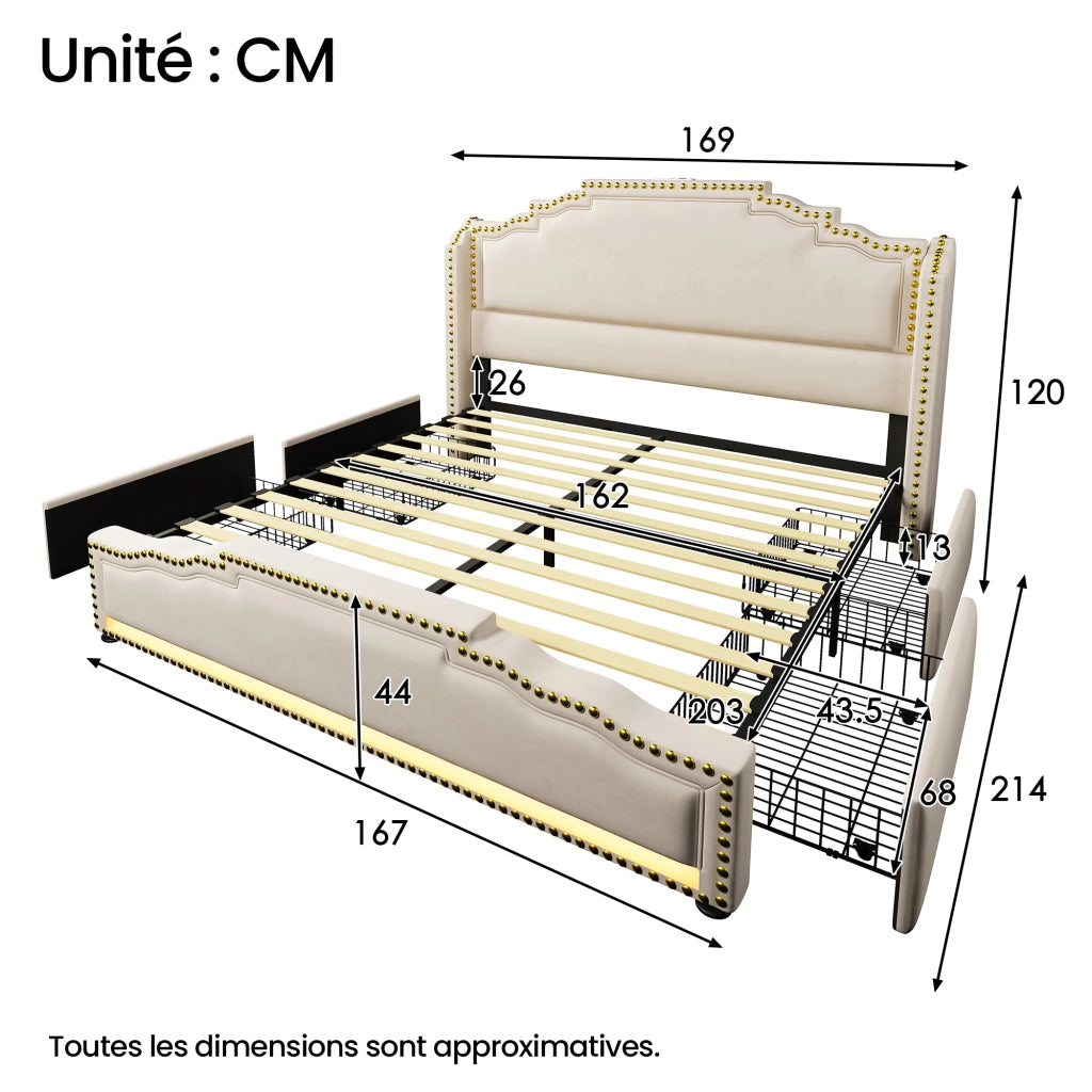Letto Contenitore 160x200 cm - 4 Cassetti; LED; USB e Type-C - in Velluto - Beige