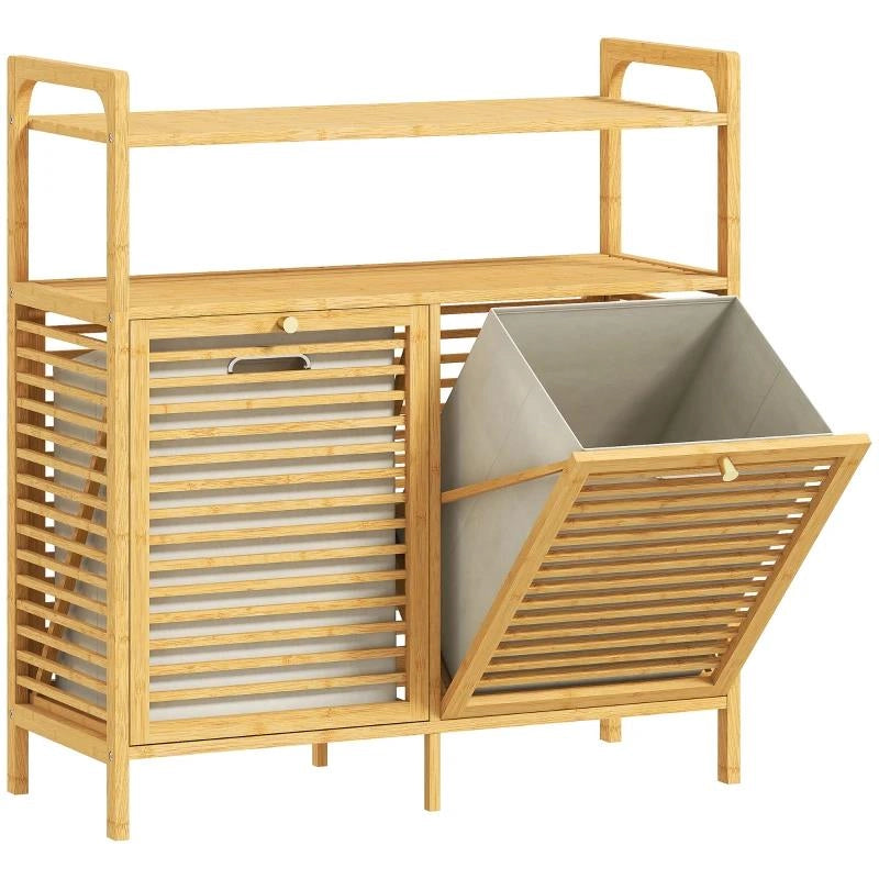 MOBILE PORTABIANCHERIA CON 2 CESTI DA 41L E 2 RIPIANI, IN BAMBÙ E POLIESTERE, 82X33X88 CM, COLOR LEGNO E CREMA