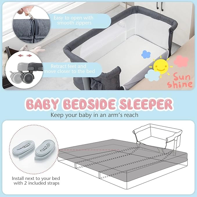 Culla Neonato Fianco Letto 3 in 1, Lettino Dondolo Neonati con Materasso, Culla da Campeggio con Ruote e Borsa, Regolabile In Altezza, Inclinazione di 10°, per Bambini 0-6 Mesi (Grigio Scuro)