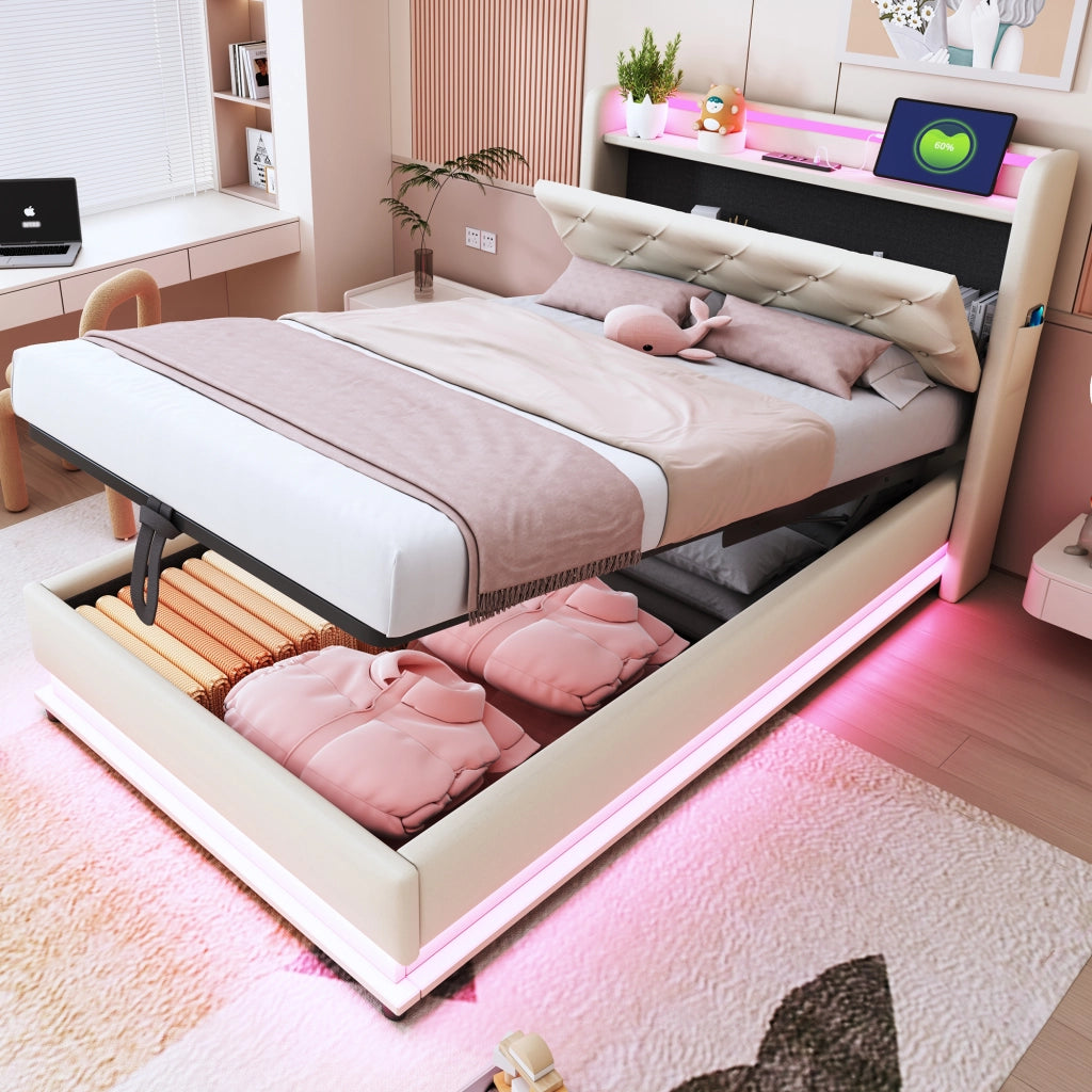 Letto Singolo 90x200 cm; Contenitore; LED; 3 USB e Type-C; in Lino Beige