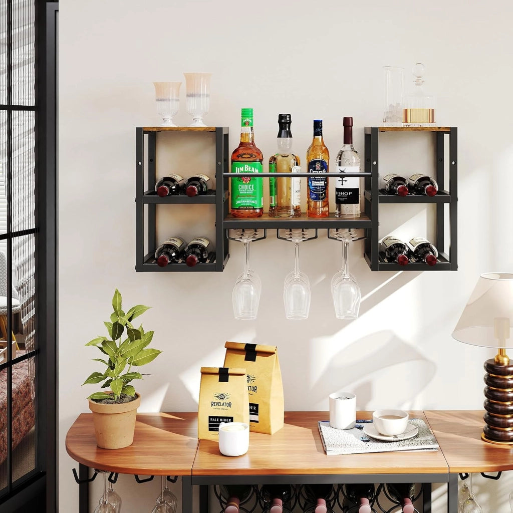 Portabottiglie da Parete con Porta Bicchieri, Struttura in Metallo per 8 Bottiglie con Ripiano Aperto, Scaffale da Muro a 3 Livelli per Sala da Pranzo e Cucina, 89 x 25 x 40 cm
