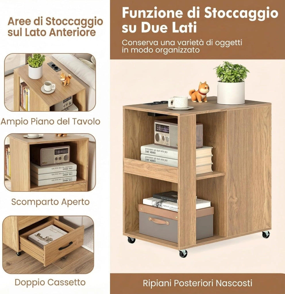 Tavolino Basso Laterale, Tavolino da Divano con Stazione di Ricarica, 2 Cassetti e Ripiani, Tavolo Versaliti per Camera da Letto, Soggiorno e Ufficio, 60 x 40 x 65,5 cm (Naturale)