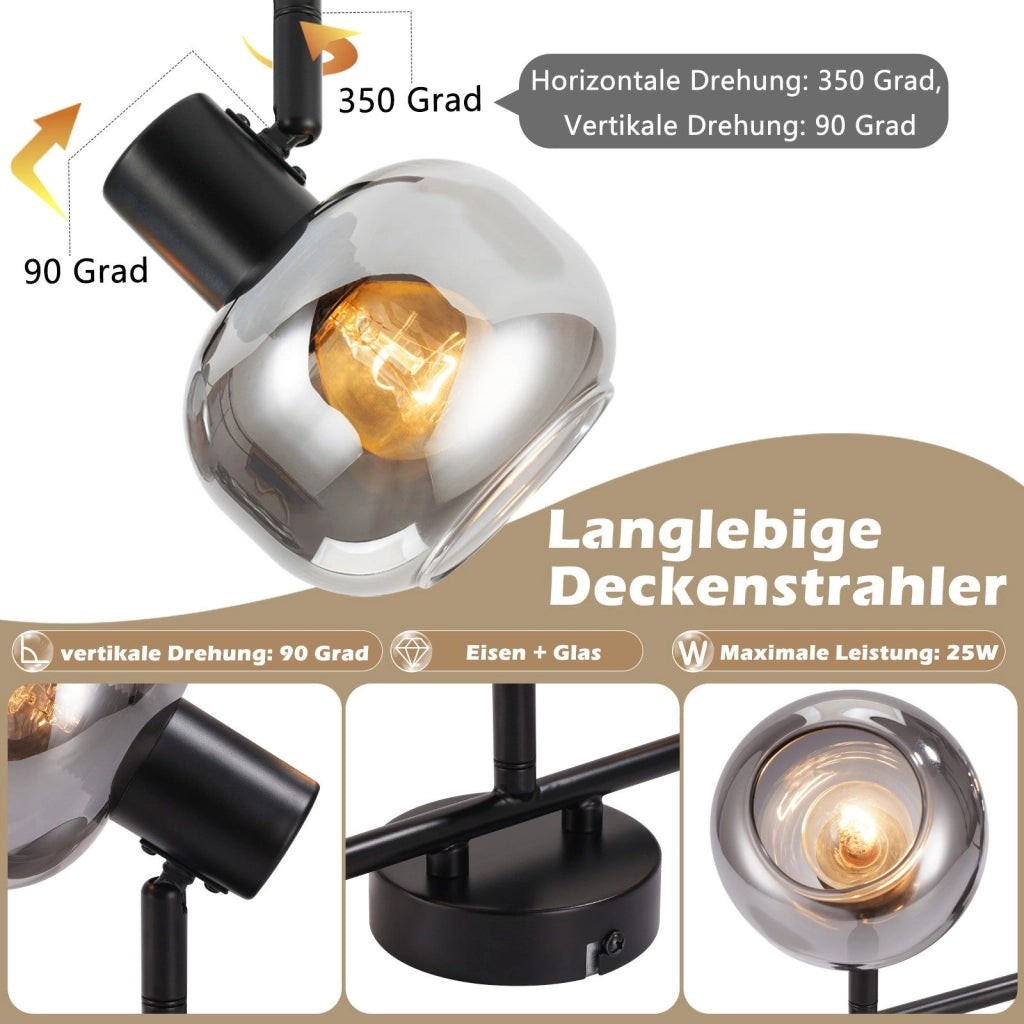 ZMH Faretto da soffitto vetro grigio fumé girevoli 350° retrò per soggiorno cucina corridoio