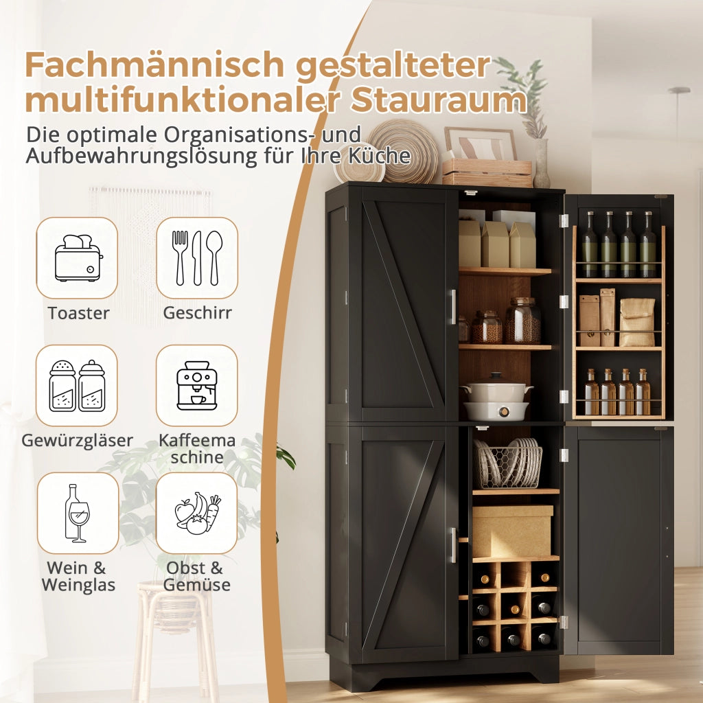 ARMADIO DISPENSA con 4 porte stile fienile 80 x 40 x 180 cm MDF nero/naturale