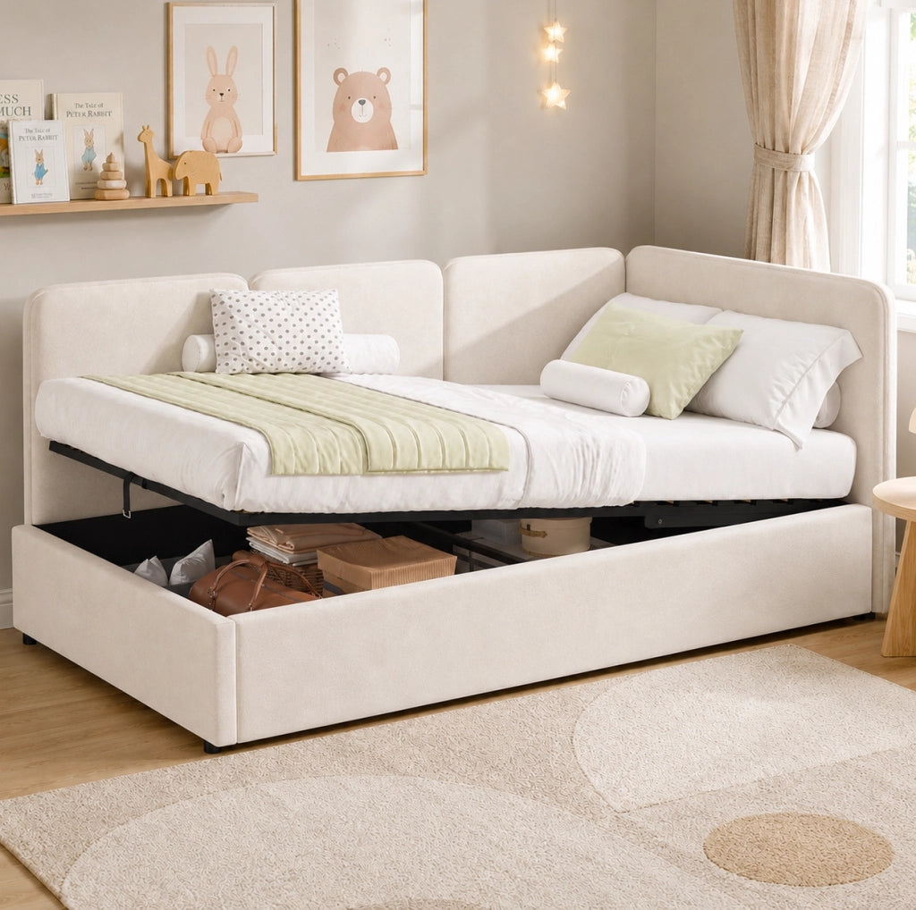 Letto imbottito 90x200 cm con contenitore idraulico in velluto beige