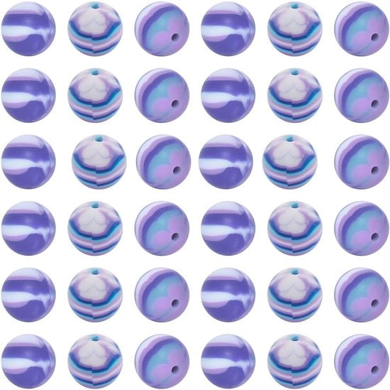 Confezione da 50 pezzi di perle di silicone stampate a 15mm, perle rotonde stampate in bulk, perle morbide di gomma blu con disegno di fiori, perle focal, perle libere per lanyard, palline per collane e bracciali per orecchini DIY.