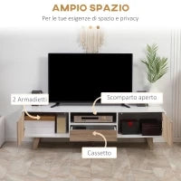 Mobile Porta TV Con Ante e Cassetto, Mobiletto da Salotto per TV fino a 72''in MDF, 160x40x45cm Bianco e Legno