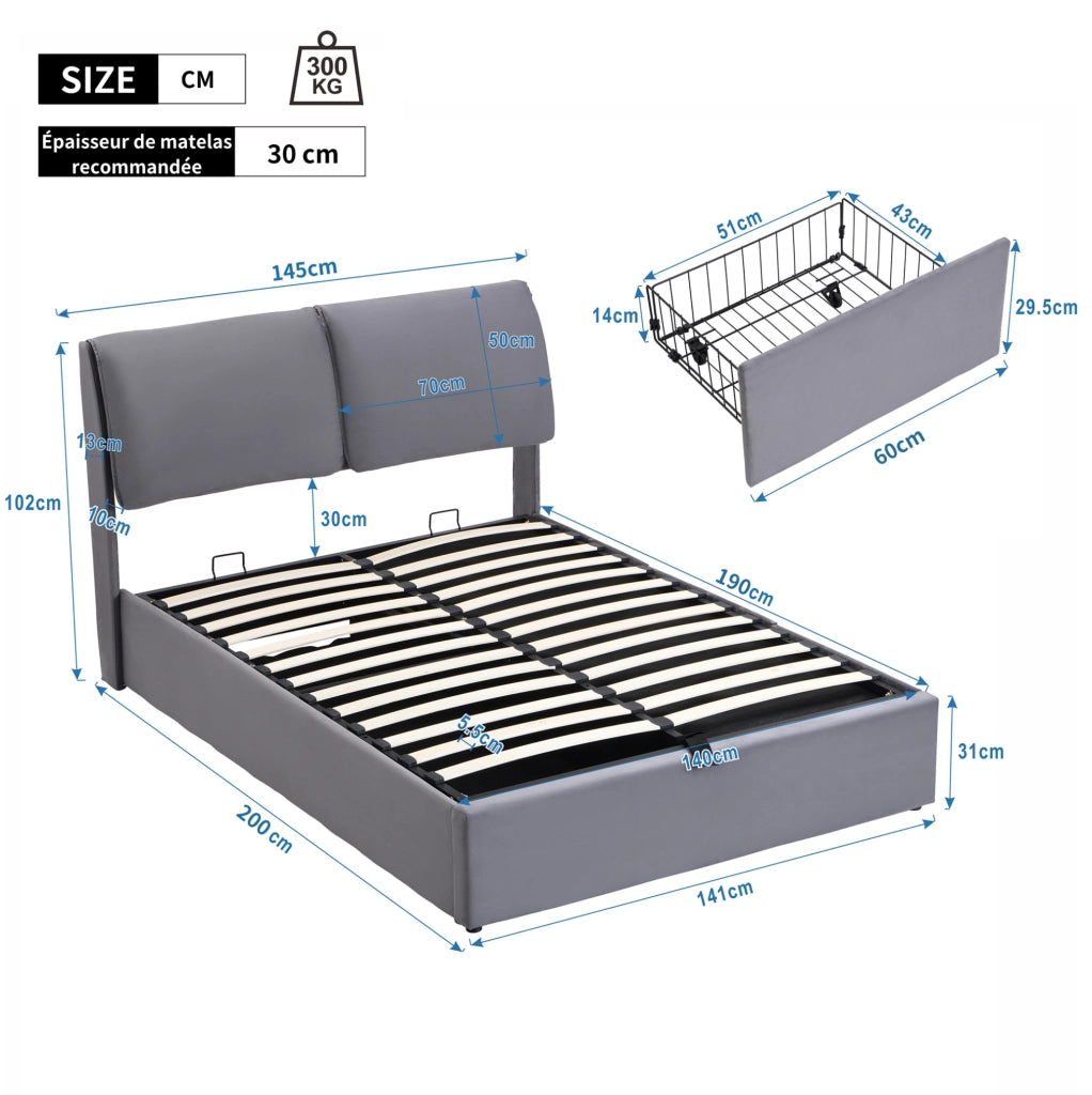 Letto imbottito grigio 140x190 cm con contenitore e 3 cassetti