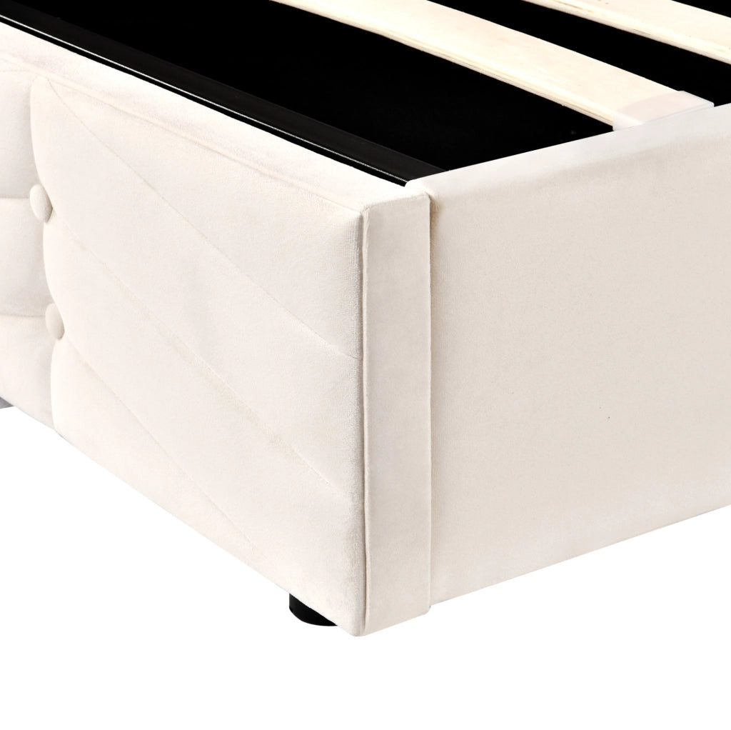 Letto imbottito 140x190 cm in velluto beige con testiera regolabile e rete a doghe