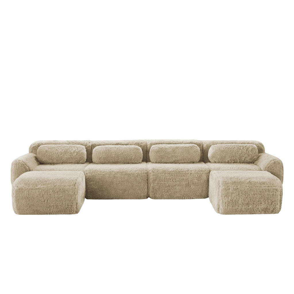 OKWISH Divano Modulare a U, senza Montaggio, Configurazione Libera e Base Antiscivolo, Tessuto Peluche, Cachi Chiaro