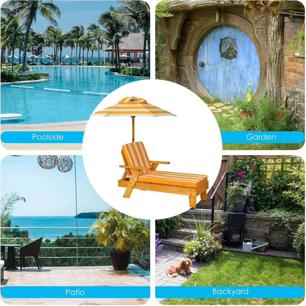 Sedia Sdraio per Bambini in Abete, Spugna e Stoffa, Traspirante e Robusta, Poltrona con Ombrello Prendisole, Sdraio per Spiaggia & Balcone & Bordo Piscina, Portato fino a 50 kg