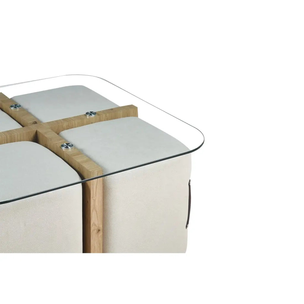 Tavolino QUADORA – Quadrato 90x90 cm – Vetro & quercia invecchiata – Con 4 pouf bianchi – Design pratico ed elegante