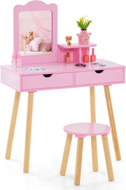 2 in 1 Set Toeletta per Bambini, Postazione Trucco in Legno con Sgabello, Specchio Rettangolare Staccabile e 2 Cassetti Capienti, Ideale per Bambini dai 3 ai 7 Anni (Rosa Scuro)