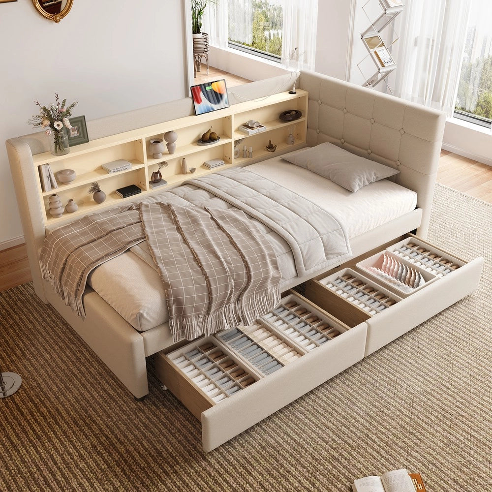 Letto Diurno con Cassetti e Rete a Doghe ¨C MINIMAL ¨C Lino Beige 90x200