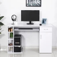 Scrivania per PC Ergonomica con Mensole, Armadietto, Cassetto e Piano Tastiera Estraibile, Bianca, 120x60x74cm