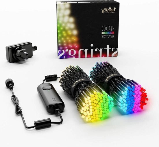 Kit di illuminazione RGB+W LED per esterno e interno, compatibile con Alexa e Google Home, IP44, controllo tramite app, lunghezza 32m, colore nero.