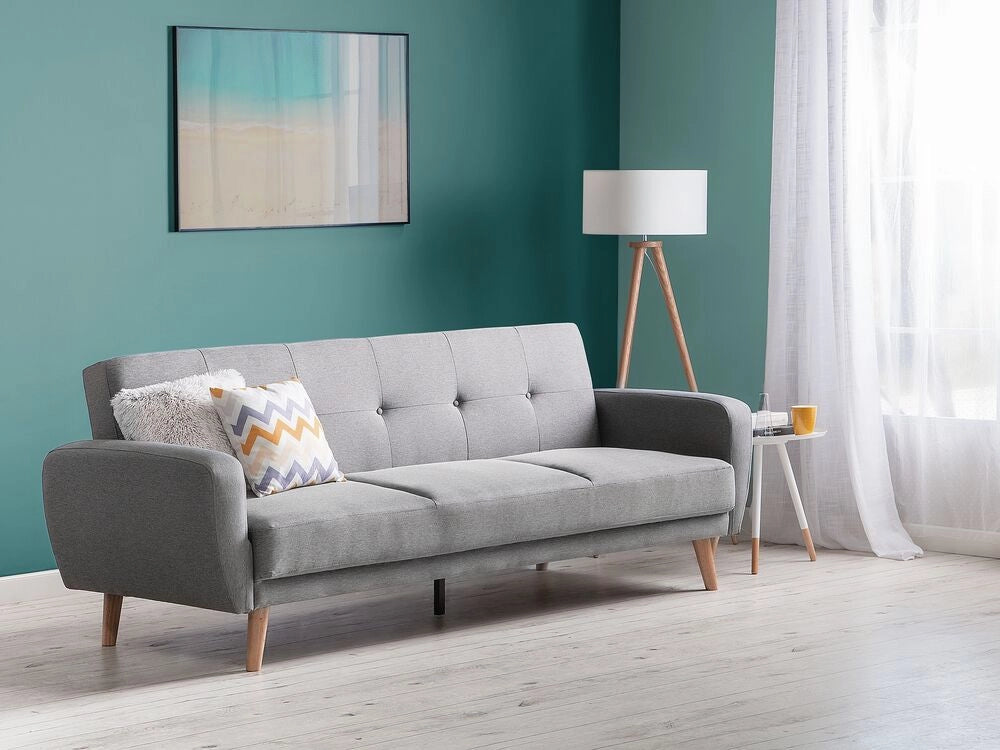Divano Letto Rivestito In Tessuto Grigio Con Gambe In Legno Trasformabili A 3 Posti Soggiorno Moderno E Minimalista