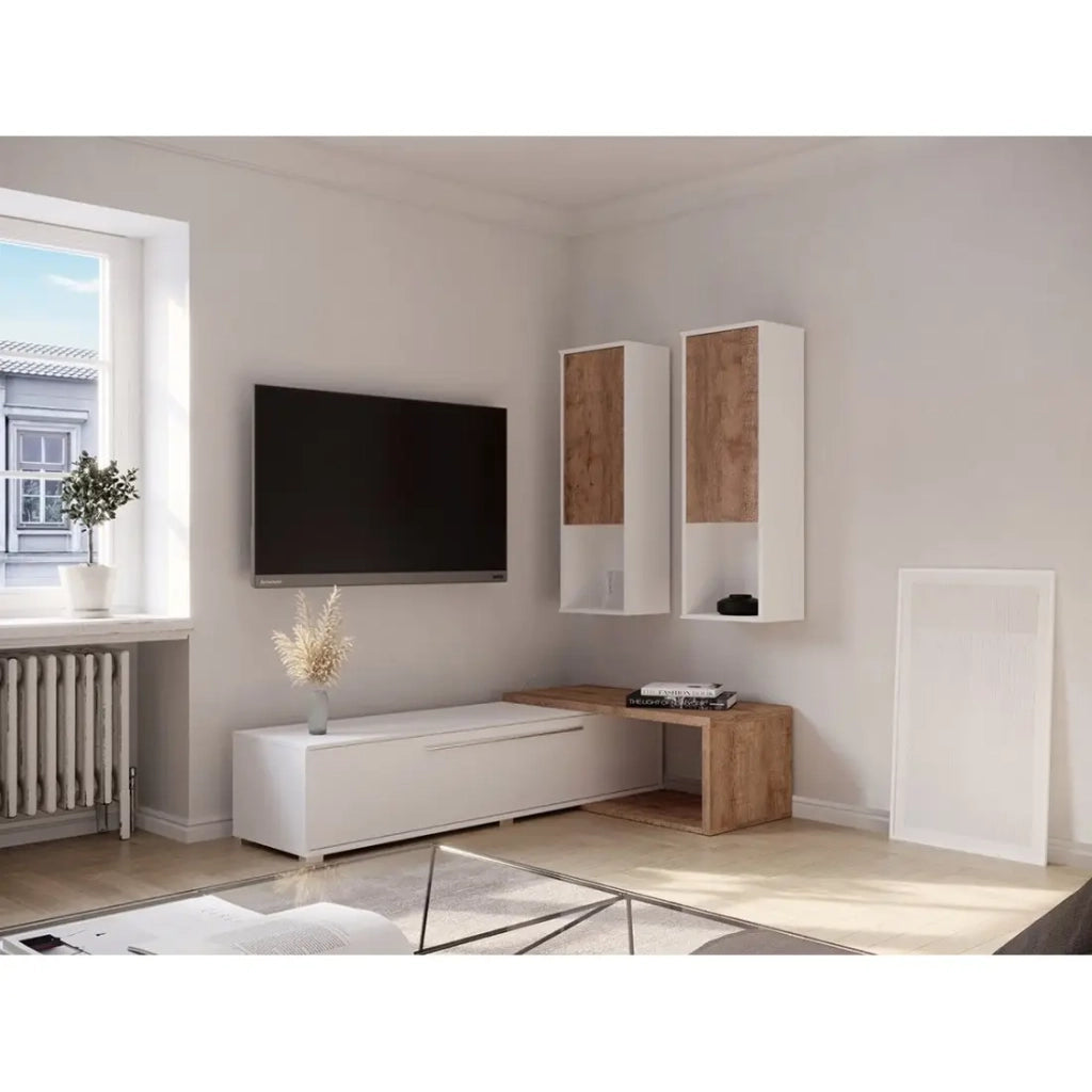 Composizione di 3 mobili HARLEM - 2 mobili sospesi e 1 mobile TV - Bianco e Rovere