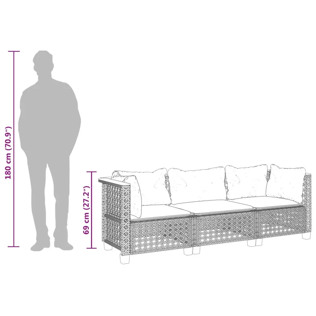 Divano da Giardino con Cuscini 3 Posti Grigio in Polyrattan