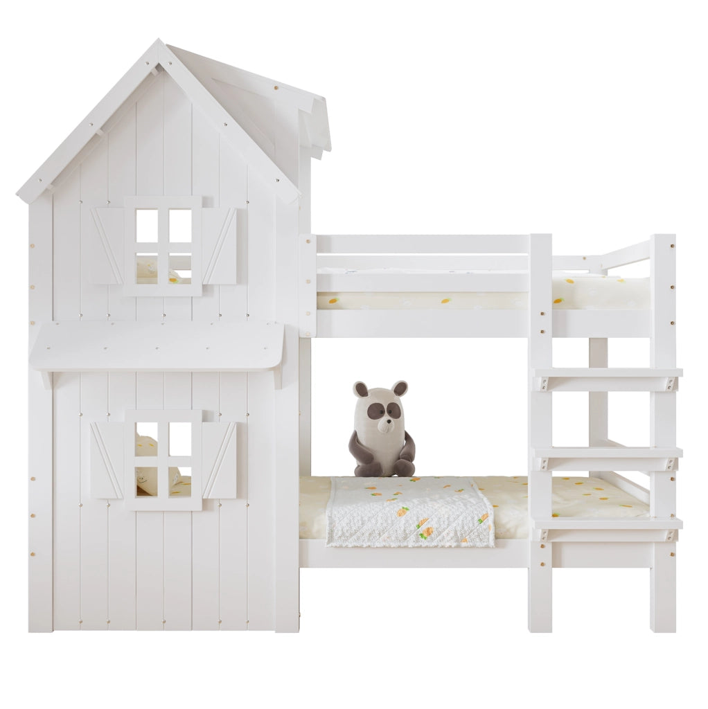 Letto a castello per bambini bianco 90x200 cm con finestre e tetto
