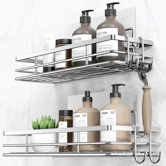 Set di 2 Piastre in Acciaio Inossidabile per Doccia senza Fori - Organizzatore per Maniglie della Doccia per Bagno e Cucina con 2 Ganci
