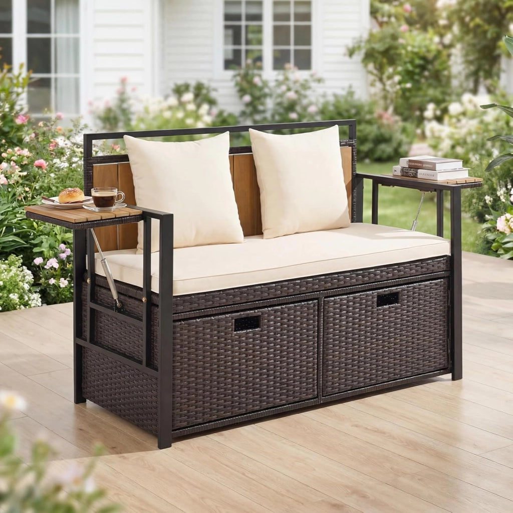 Panca da Giardino con Vano Contenitore, Panchina a 2 Posti in Rattan PE, con Tavolini Pieghevoli, Cuscini Imbottiti, per Esterno, Balcone, Terrazza, 120 x 51 x 82 cm, Portata 360 kg (Beige)