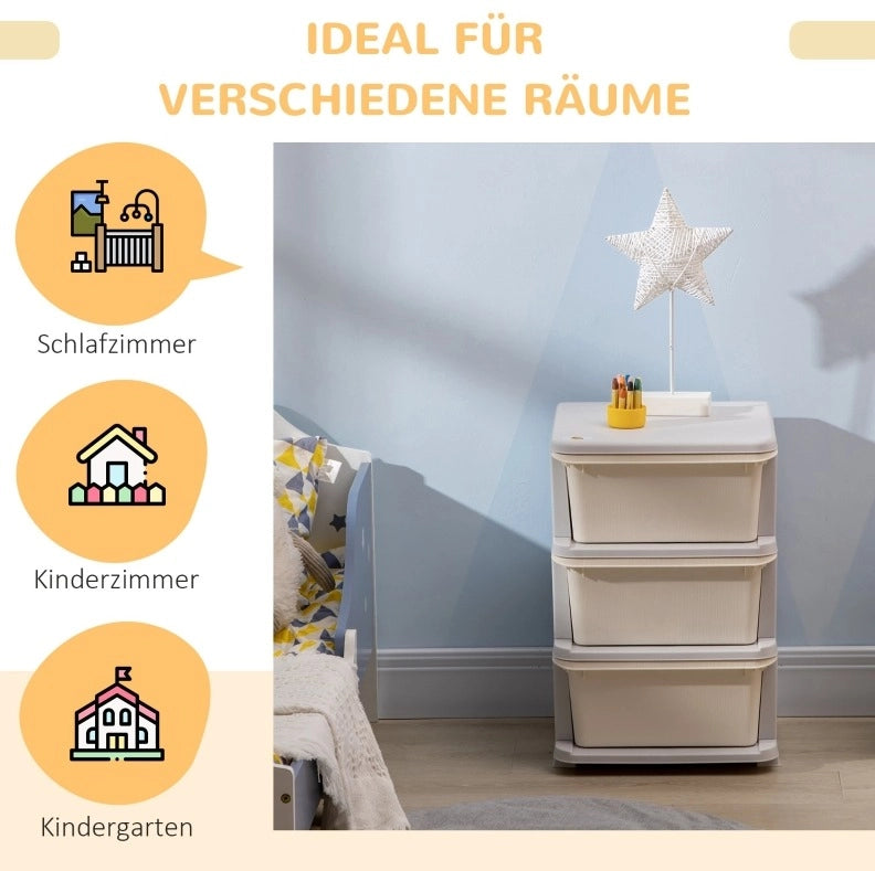 Mobile contenitore per bambini con 3 cassetti estraibili bianco crema