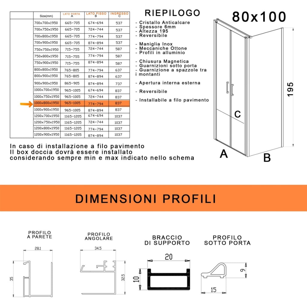 Box doccia due lati con porta saloon h195 6mm anticalcare dobla, misura 90x100