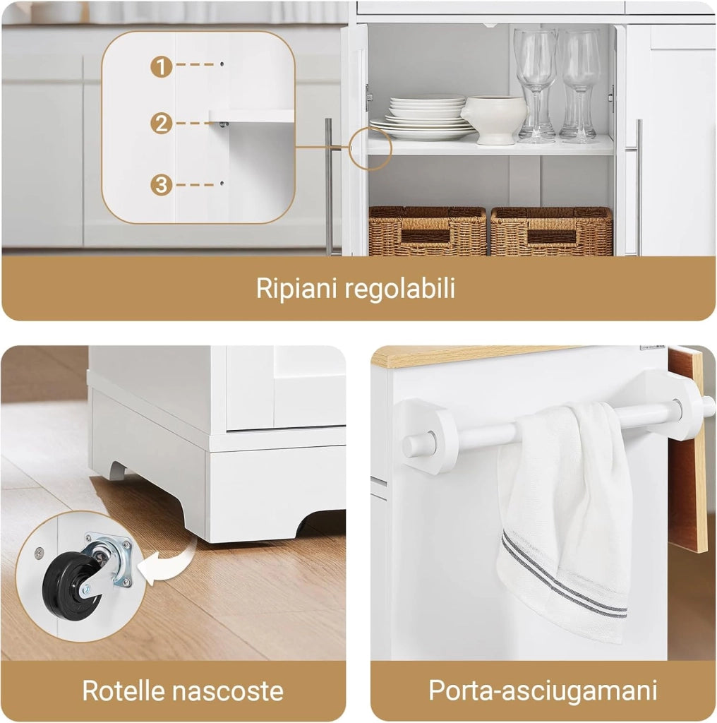 Isola Cucina con Ruote, Tavolo Estensibile in Legno, Mobile Cucina con 2 Cassetti, Penisola Cucina Salvaspazio, Credenza Multifunzione per Piccole Cucine Bianco 113 x (44–69) x 91 cm FKW129-WN