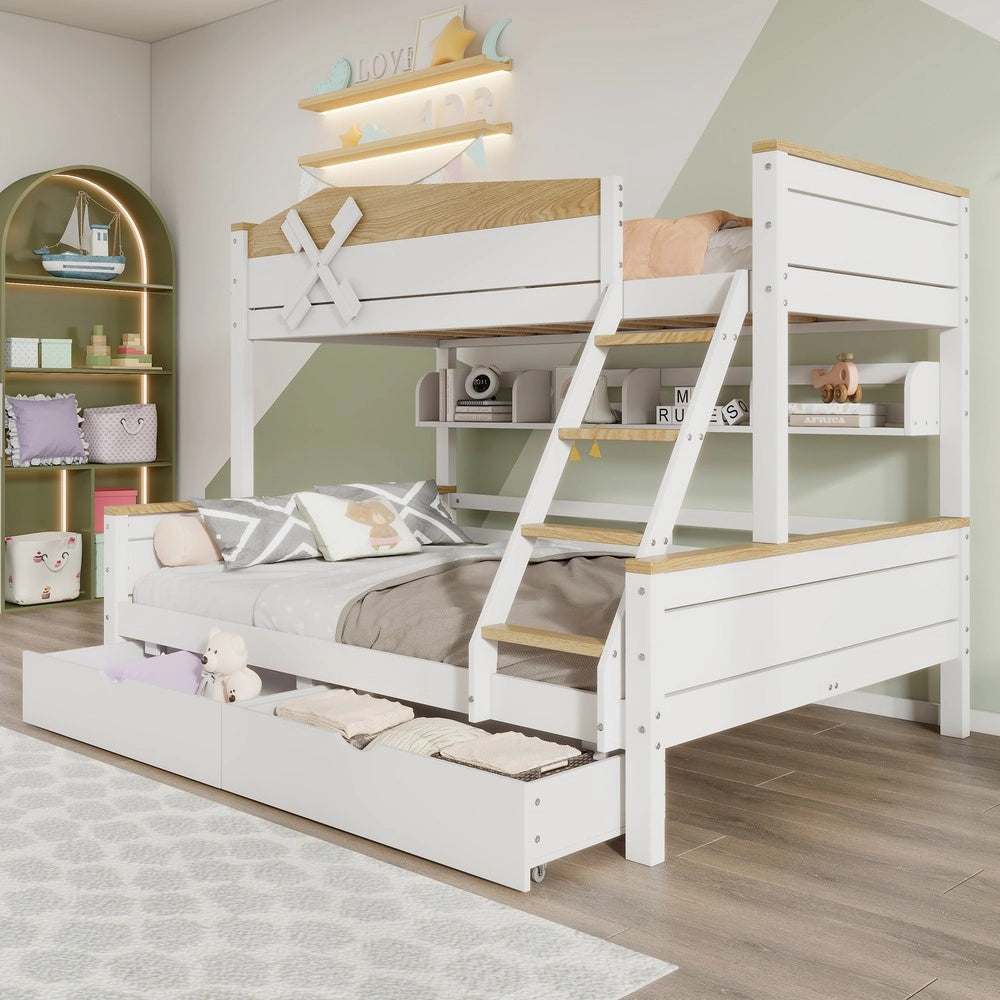 Letto a Castello con Cassetti e Ripiani ¨C MINIMAL ¨C Pino, Bianco/Naturale, 90x200 & 140x200