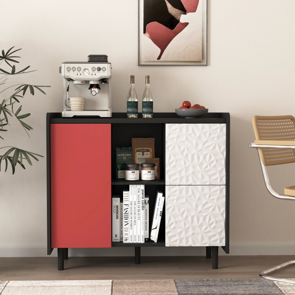 Credenza Buffet con Ante Nere e Rosse ¨C Xylo ¨C 2 Cassetti, Ripiani Aperti, Legno