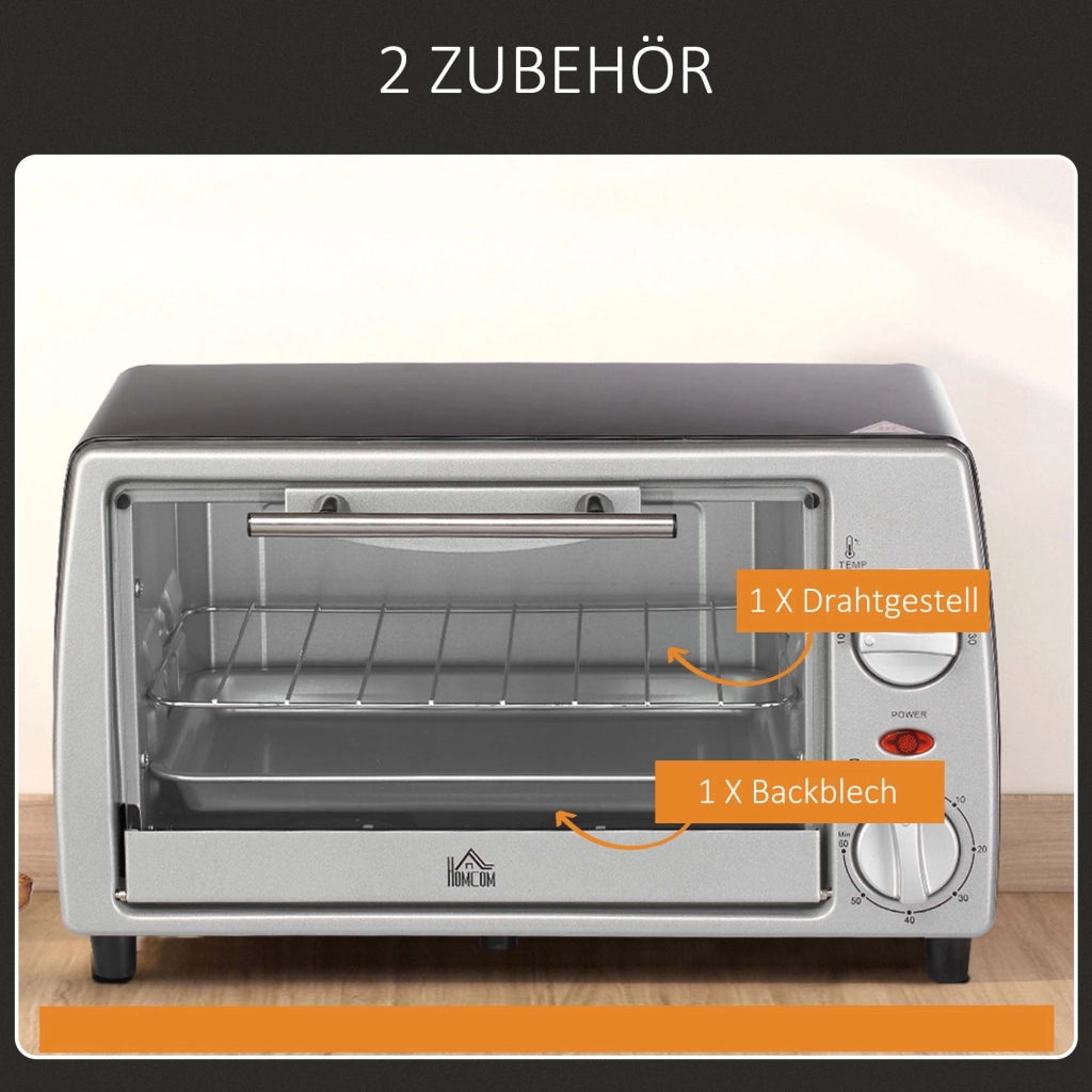 Forno elettrico da 10 litri, temperatura e timer regolabili, grill e teglia inclusi, 750 W, 36,5x26x22 cm, argento/nero