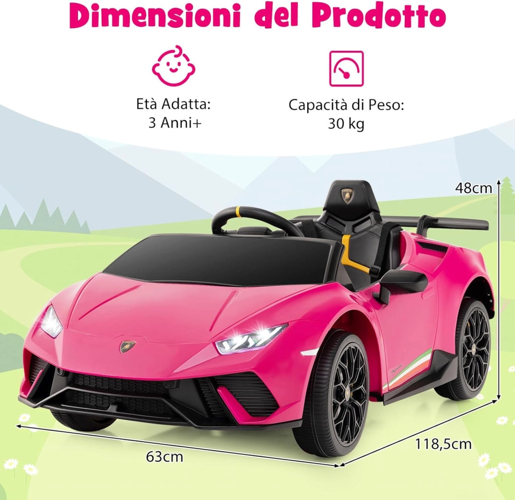 12V Lamborghini Auto Elettrica per Bambini, Macchina Elettrica Cavalcabile con Telecomando, Luci LED Musica e Funzione di Avvio Lento, 3-5 Km/h, per Bambini 3 Anni+ (Rosa)