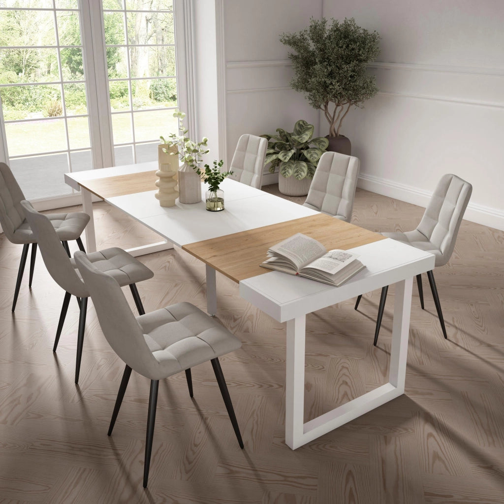 Consolle allungabile, 262x90x73cm, Per 12 persone, Gambe in legno, colore Rovere e bianco RF2983