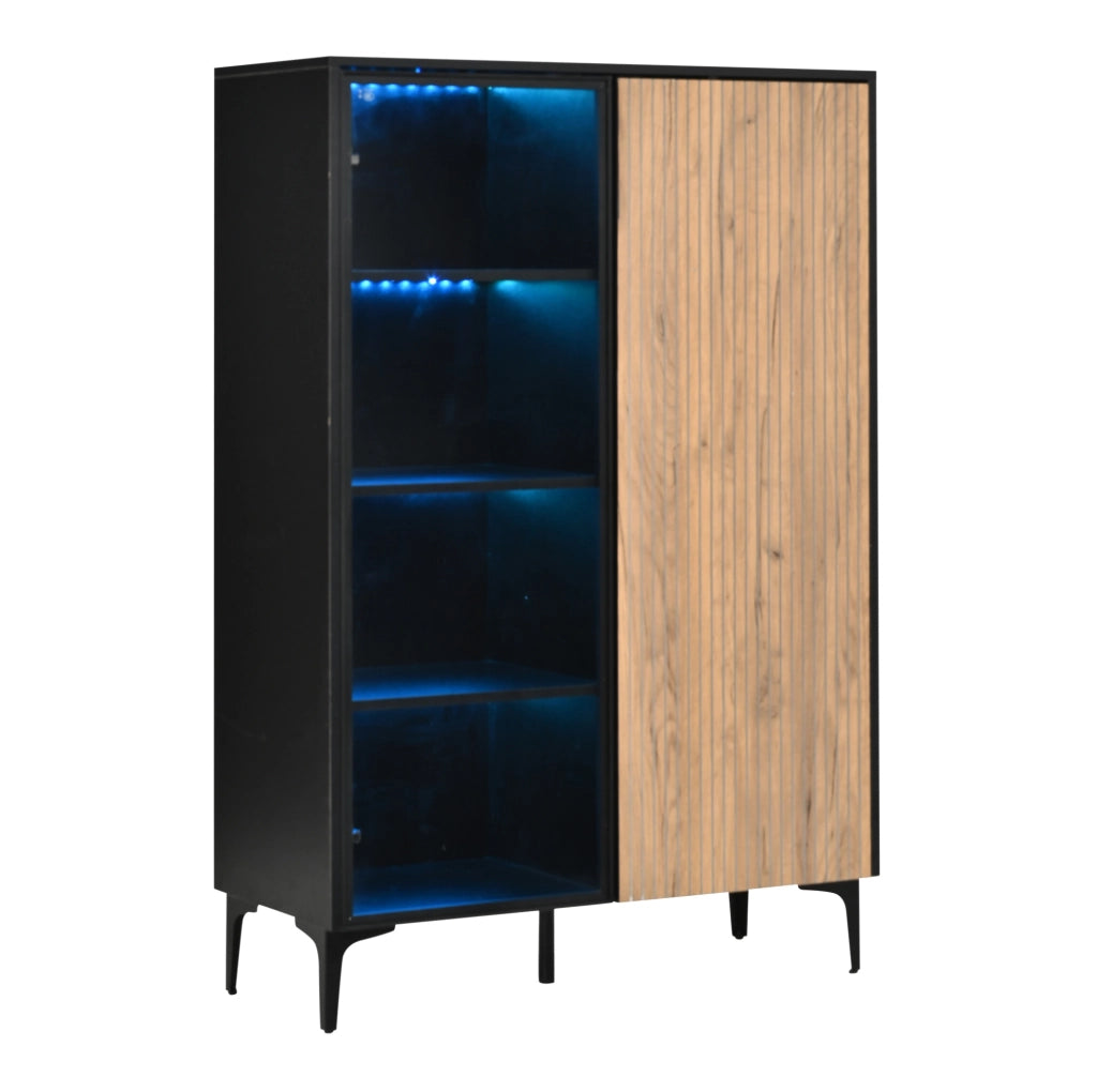 Mobile vetrina alto 90x40x135 cm con LED RGB; 2 ante; MDF nero e naturale