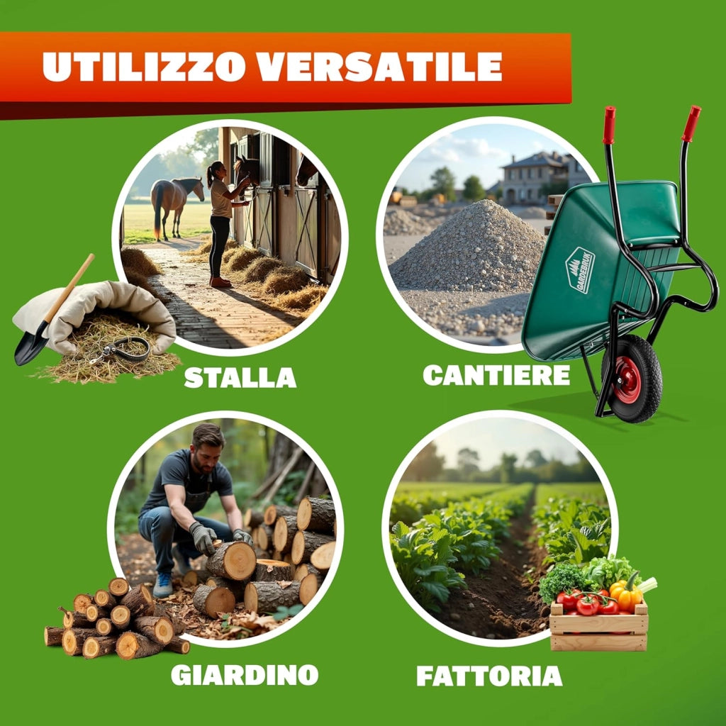 ® Carriola 100 Litri da Giardino Cantiere Costruzione Portata Massima 250kg con Pneumatico Vasca Polipropilene