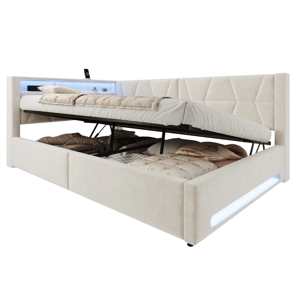 Letto imbottito 140x200 cm con contenitore idraulico, LED, USB e USB-C in velluto beige