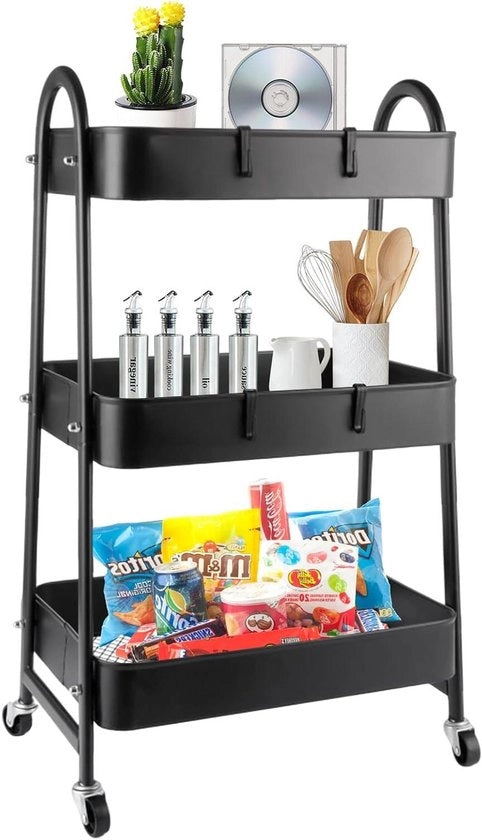 Carrello a tre livelli in metallo - 42 x 30,5 x 85 cm - Nero - Carrello da cucina con ruote - Carrello da tavola - Carrello di stoccaggio - Carrello per pittori - Carrello da lavanderia