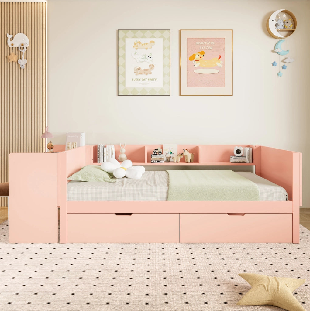 Letto singolo 90x200 cm con scrivania, 2 cassetti e ripiani, rosa
