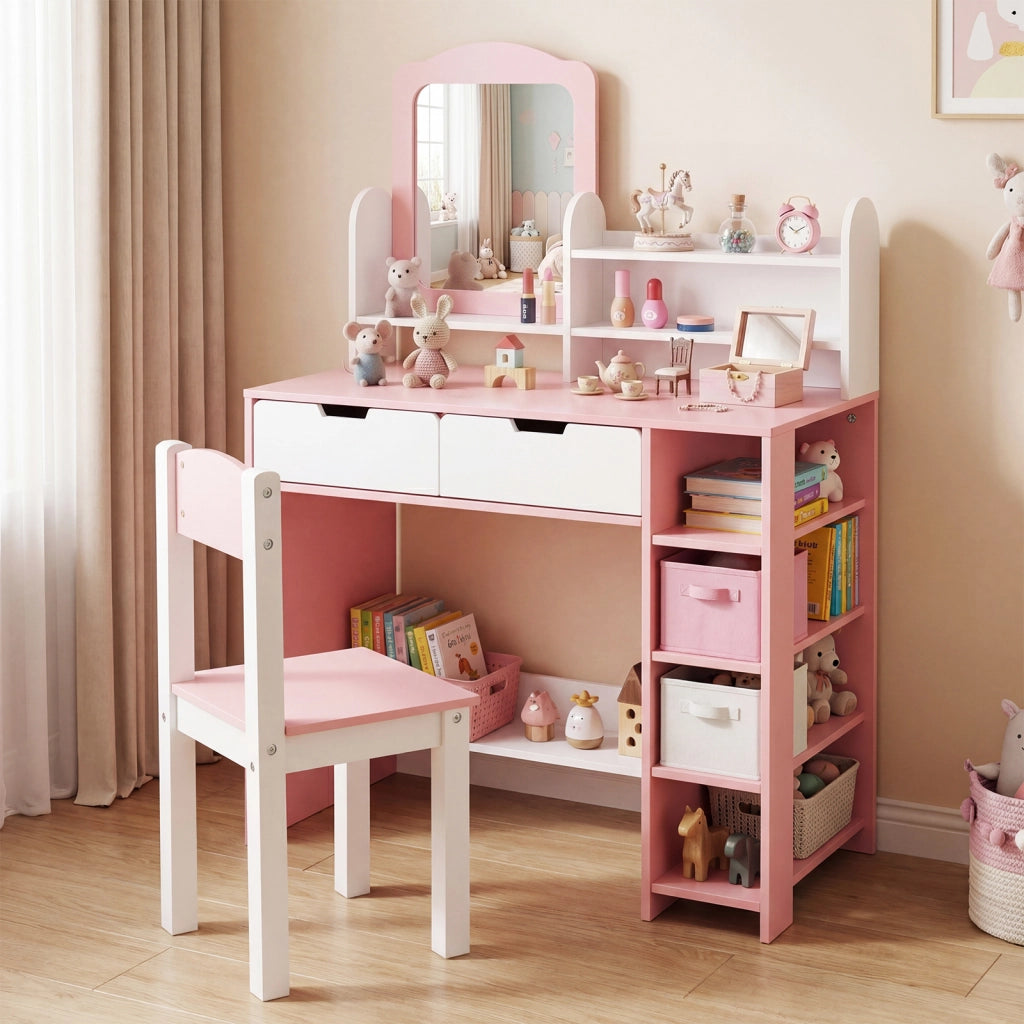 Toletta trucco per bambini 3-7 anni con tavolino e sgabello, Toletta trucco con scaffale libreria e ripiano per studio e gioco