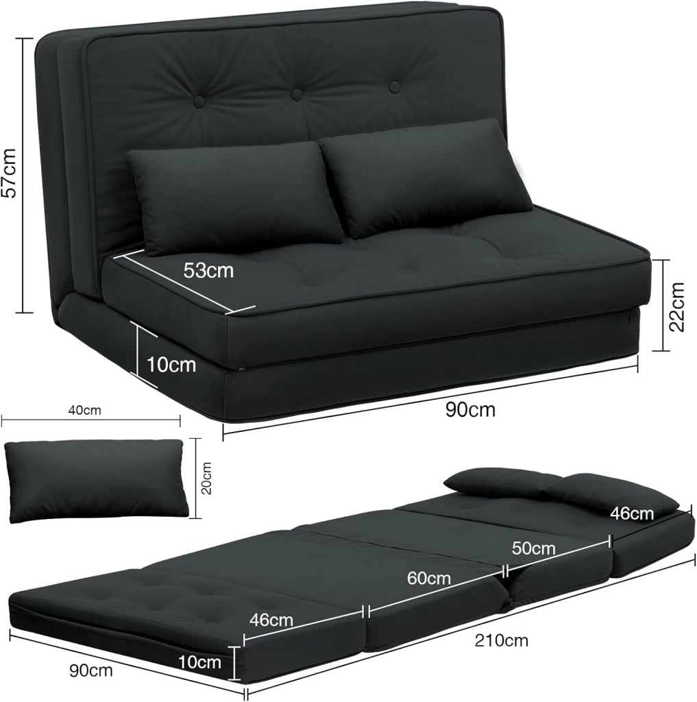 Divano Letto 2 Posti Pieghevole Letto Mobile Imbottito e Spalliera Divanetto Reclinabile Moderno con Gambe in Metallo Materasso ‎da Soggiorno e Degli Ospiti (Nero)